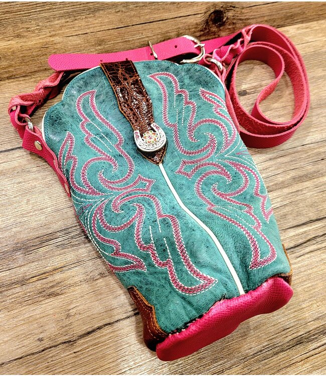 Beyond the Barn Upcycled Leather Boot Purse Pink Horseshoe BTB