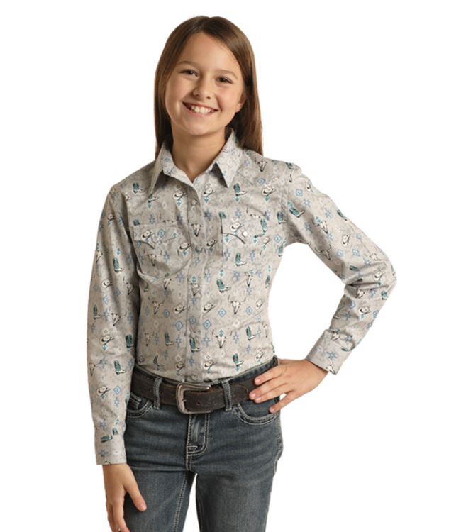 Rock & Roll Denim Girls Western LS Snap Shirt - Western Print