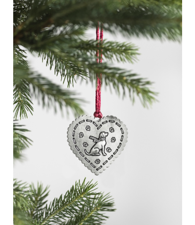 Solid Pewter Christmas Ornament - Heart Dog
