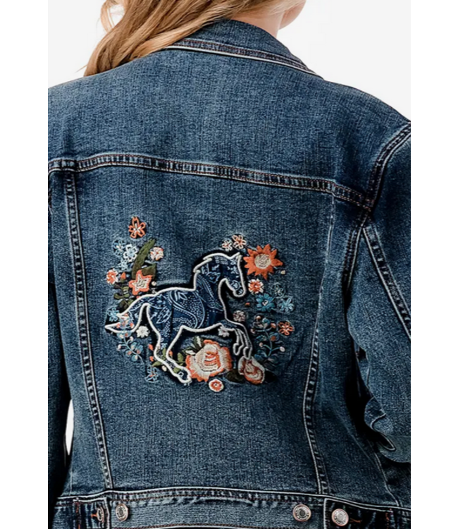 Grace in LA Embroidered Floral Horse Denim Jacket
