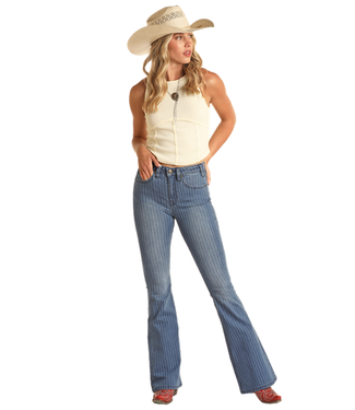Rock & Roll Denim Womens Hooey High Rise Stripe Flare Jeans