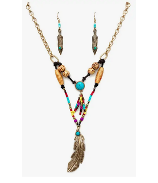 Lunar Deer Feather Seed Beaded Native Bohemian Necklace Earring Set