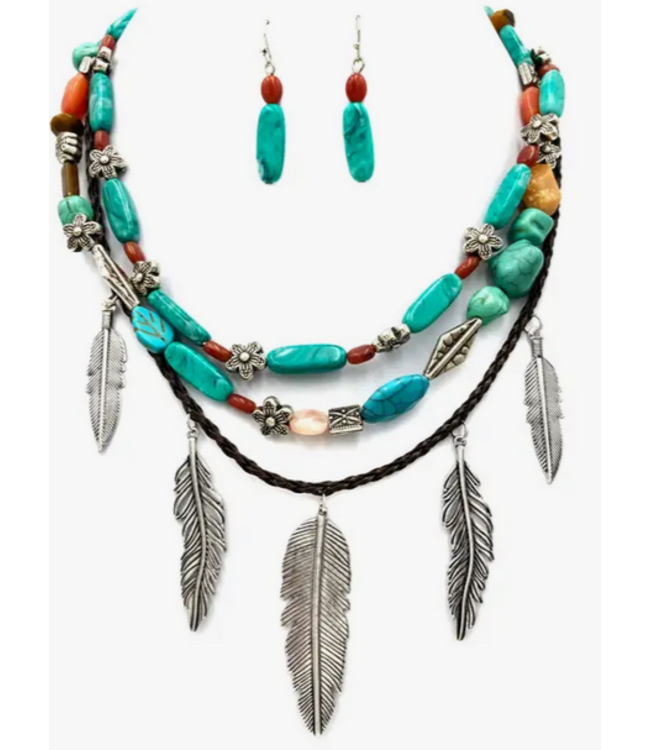 Lunar Deer Turquoise Feather Southwestern Boho Multi Necklace Earrings Set