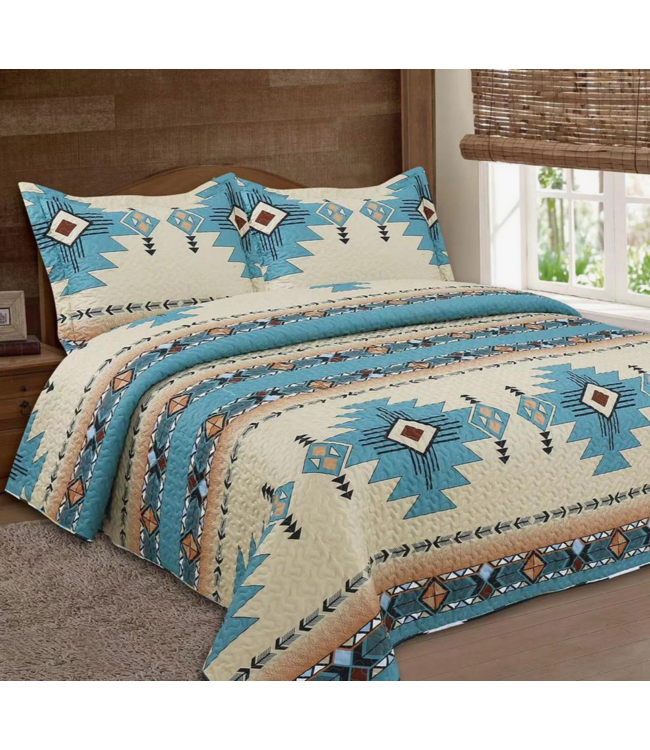 Western Linens Turquoise Navajo 3pc Bedspread Quilt - Queen