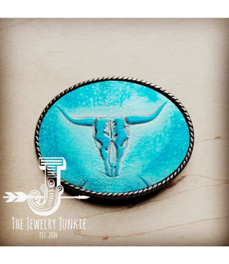 Rope Edge Turquoise Steer Head Leather Belt Buckle