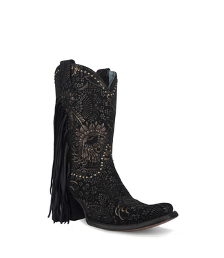 Corral Womens Black Gold Stamped Floral Fringe Boot