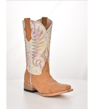 Corral Youth Western Boot - Tan/White Embroidery Sq. Toe