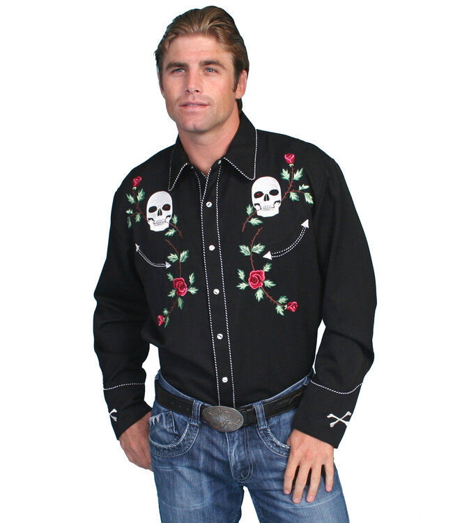 Scully Retro Skull Rose Embroidered Snap Shirt