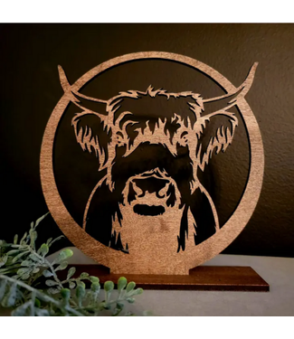 faire Highland Cow Art Sign Circular Round Home Decor Western