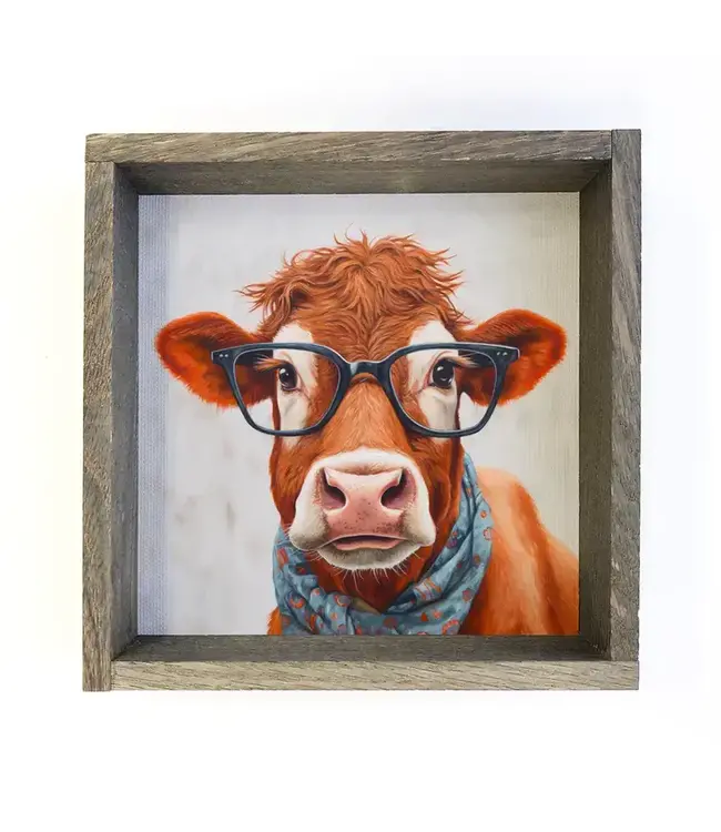 Hangout Home Cow Glasses & Scarf - Cute Animal Decor - Framed Cow Art