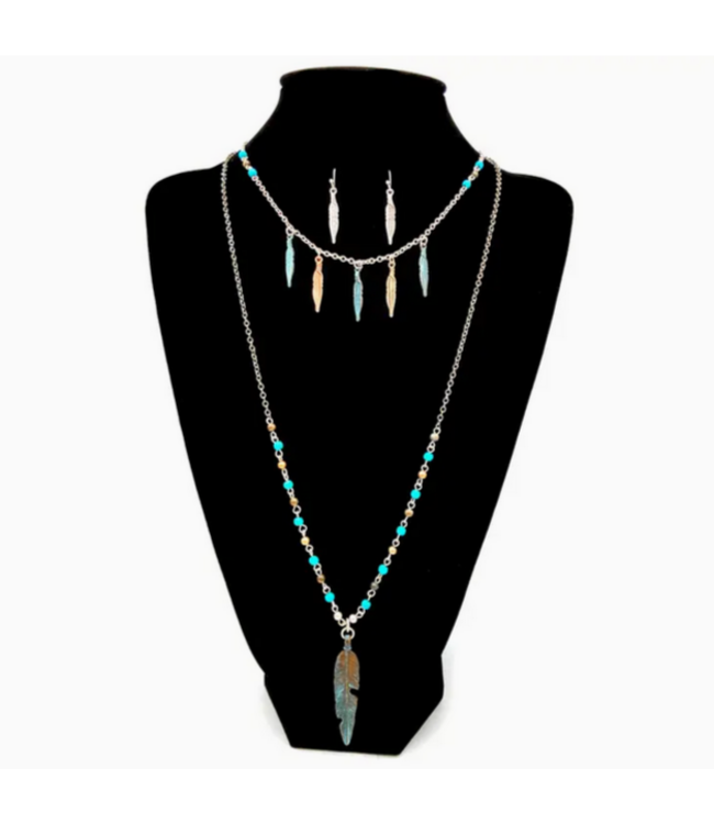 Lunar Deer Tri-Tone Feather Beaded Turquoise Set