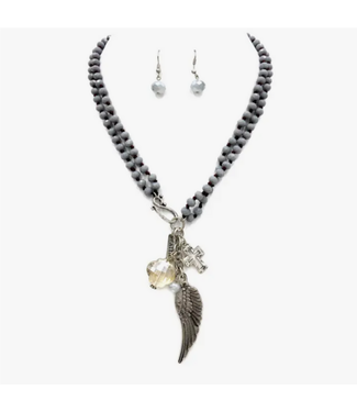 Lunar Deer Angel Wing Faith Cross Charms Crystal Beads Necklace Earrings Set