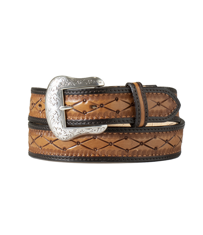 Nocona Mens Belt Hand Tooled Diamond 2-Tone