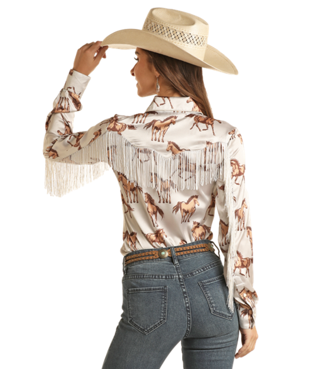 Panhandle Slim Ladies Horse Print Satin Snap w/Fringe