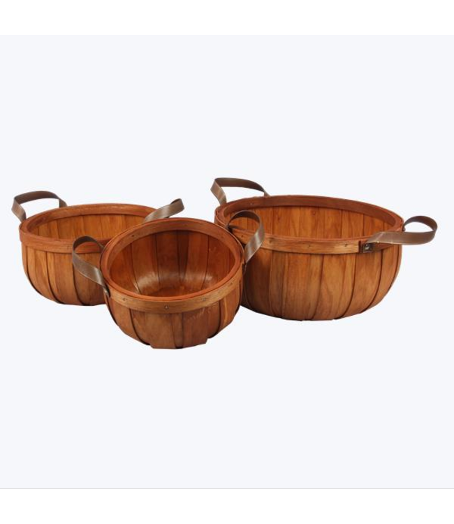 Youngs Wooden Basket with Leather Handle Set of 3