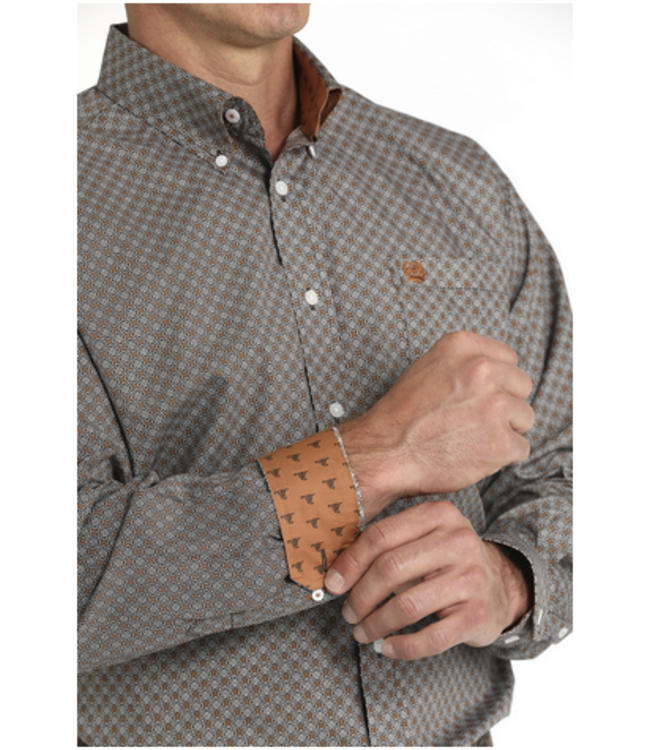 Cinch Mens Brown Geometric Print Button Down