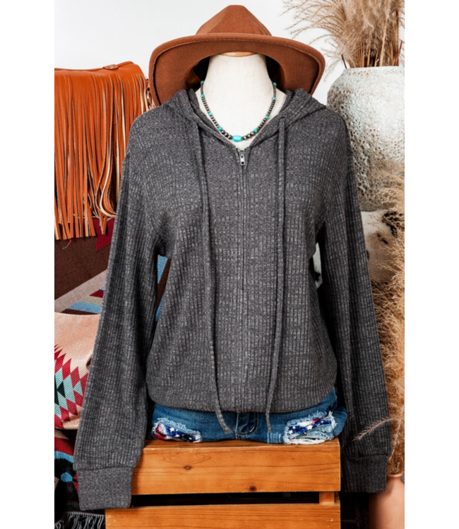 Fashion Works Ribbed Zip Up Front Drawstring Hoodie