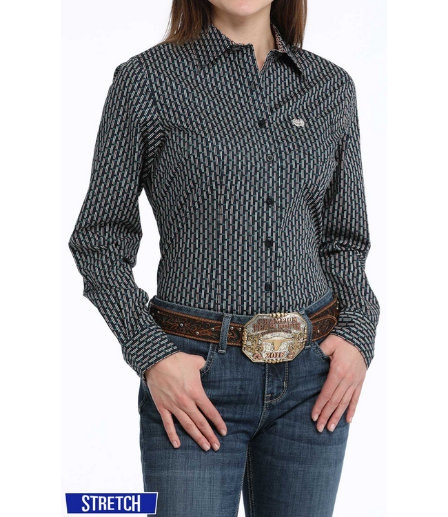Cinch Womens L/S Print Button Up -Navy