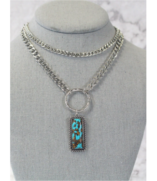 Turquoise Haven Two - Layered Silver Chain Turq Stone Necklace