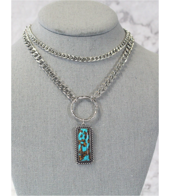 Turquoise Haven Two - Layered Silver Chain Turq Stone Necklace