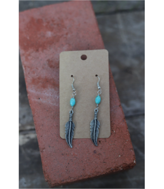 Turquoise Haven Silver Feather W Turq Stone Dangle Earrings