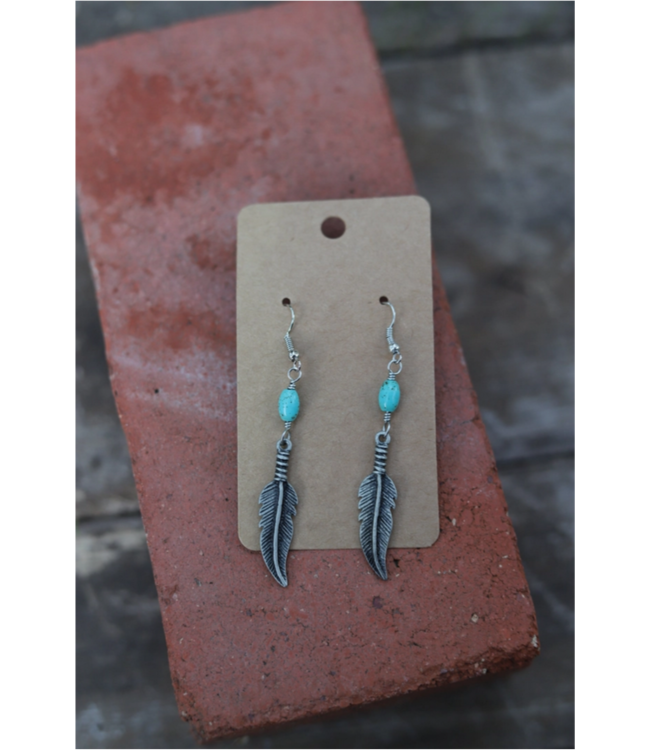 Turquoise Haven Silver Feather W Turq Stone Dangle Earrings