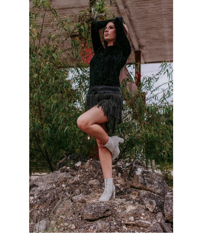 Merigold Kiss Women's Tooled Leather Velvet Mesh Top - Black