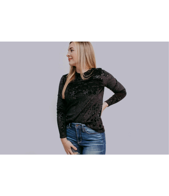 Merigold Kiss Women's Tooled Leather Velvet Mesh Top - Black