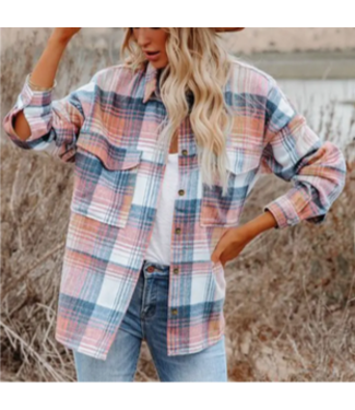 Threaded Pear Addison Plaid Flap Pockets Shacket