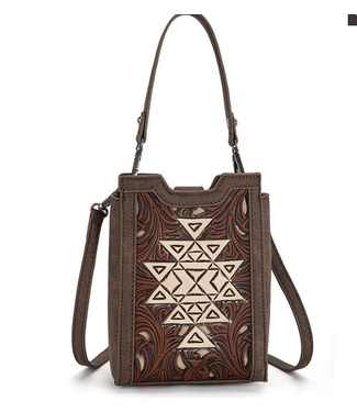 Montana West Trinity Ranch Floral Aztec Tooled Mini Tote Crossbody Coffee