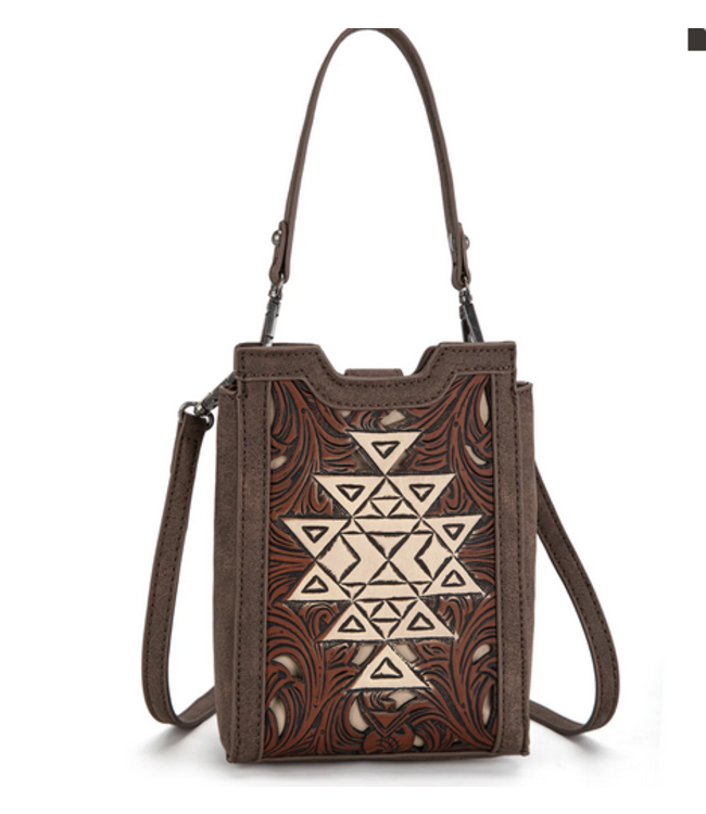 Montana West Trinity Ranch Floral Aztec Tooled Mini Tote Crossbody Coffee