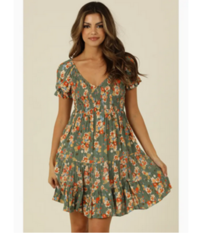 Angie V Neck Smocked Bodice Short Sleeve Dress