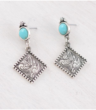 YK Trading Western Tooling Dangle Earrings - Turq/Silver