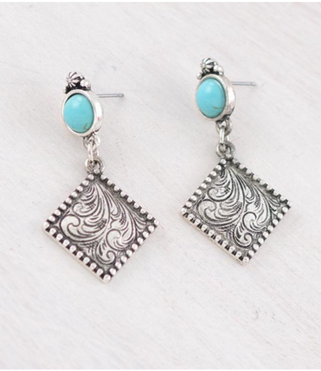 YK Trading Western Tooling Dangle Earrings - Turq/Silver