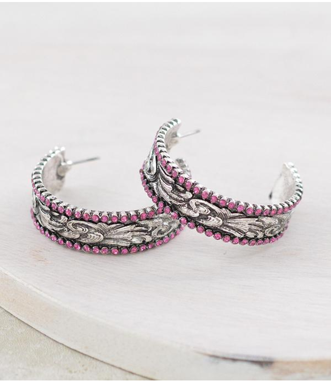 YK Trading Pink Stone Western Hoop Earrings