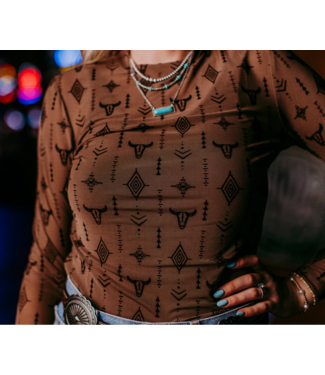 Merigold Kiss Womens Cow Head Aztec Mesh Top - Brown