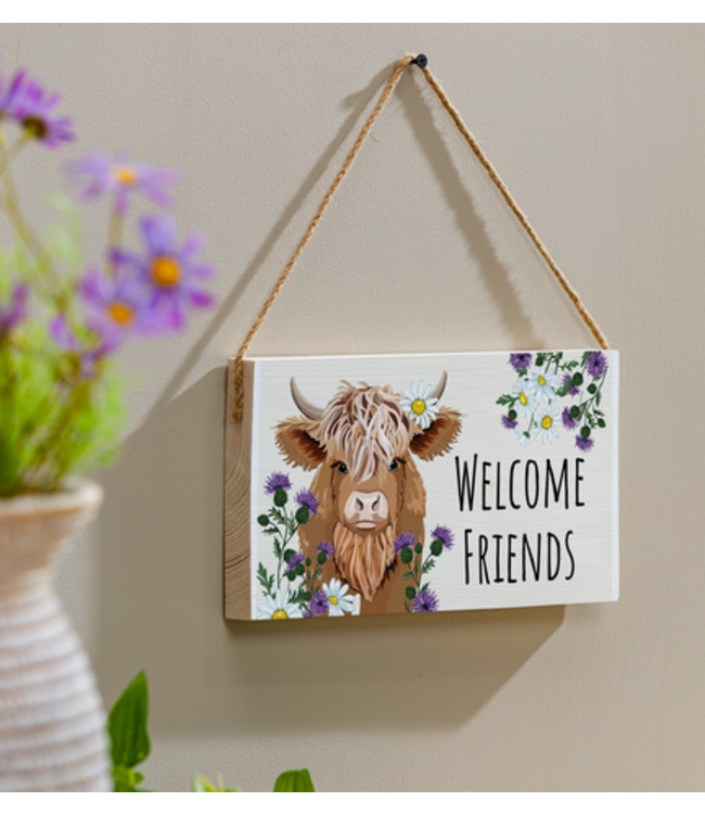 Evergreen Enterprises Petal Plow  Hanging SignHighland Cow Welcome Friends, 11" L x 6" H