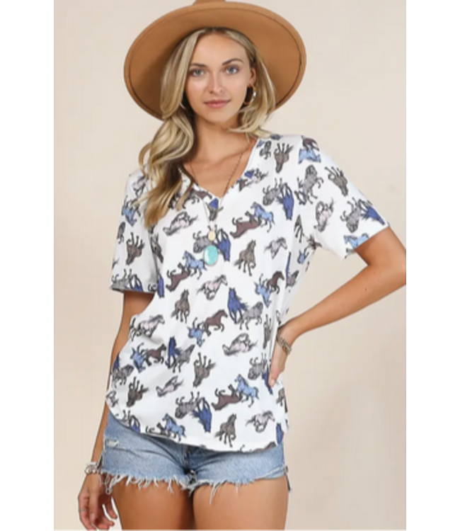 Avery HELEN Horse Print Western V Neck T-Shirt