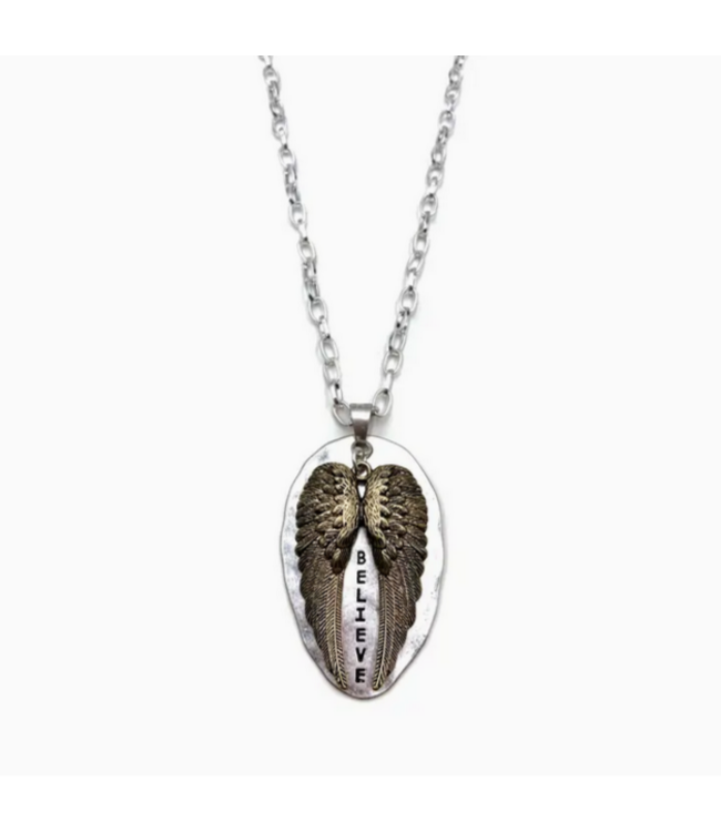 Lunar Deer Angel Wings Believe Silver Plate 33" Chain Necklace