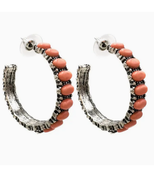Lunar Deer Peach Pink Color Stone C Hoop Earrings