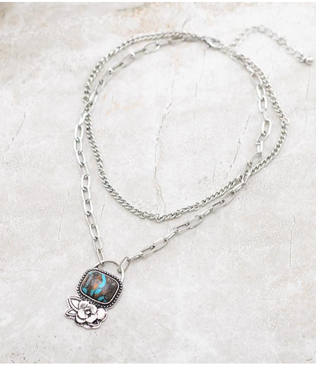 Western Turquoise Pendant Layer Chain Necklace