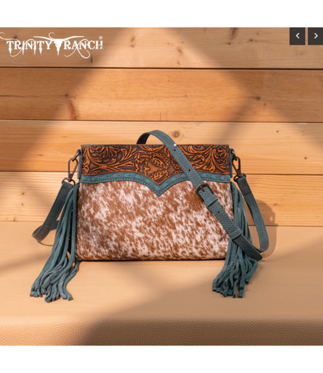 Montana West Trinity Ranch Floral Tooled Hair-On Cowhide Crossbody - Turquoise