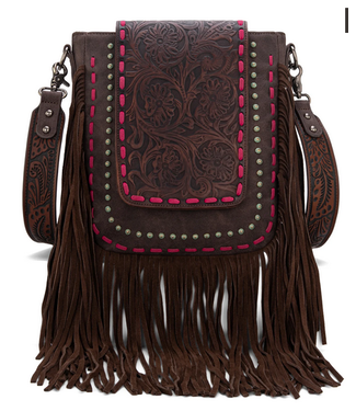 Montana West Trinity Ranch Floral Tooled  Fringe Sling Bag Brown