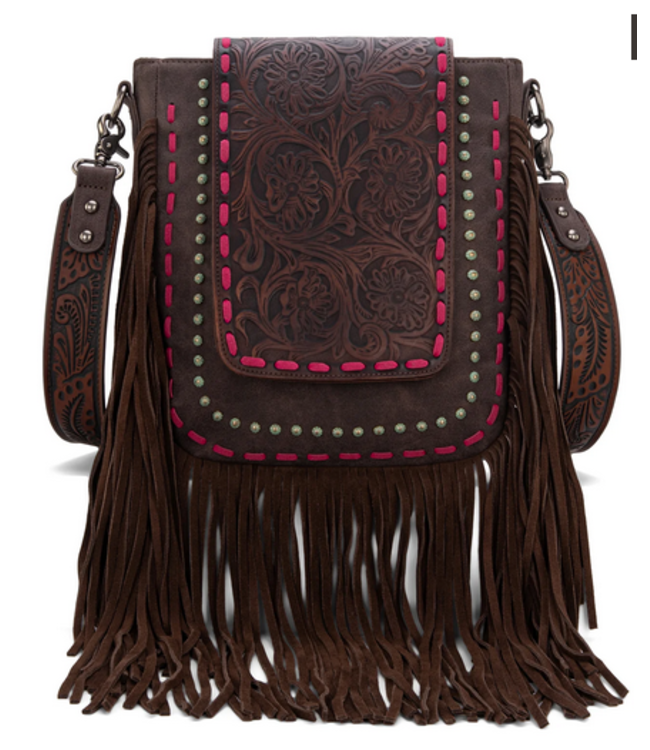 Montana West Trinity Ranch Floral Tooled  Fringe Sling Bag Brown