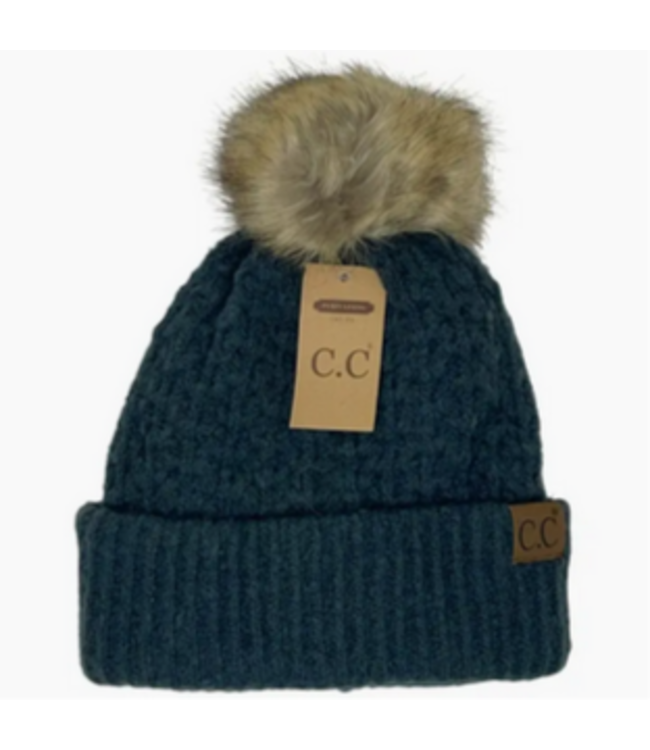 C.C Beanie Solid Smocked Stitch Fur Pom C.C Beanie