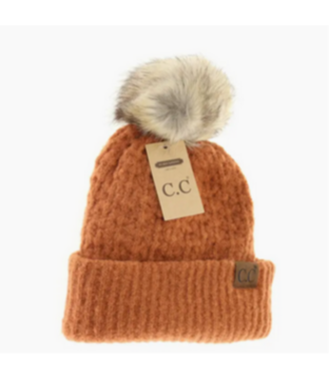 C.C Beanie Solid Smocked Stitch Fur Pom C.C Beanie