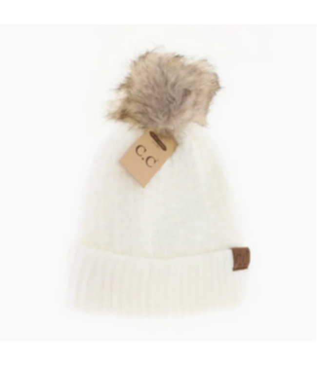 C.C Beanie Solid Smocked Stitch Fur Pom C.C Beanie