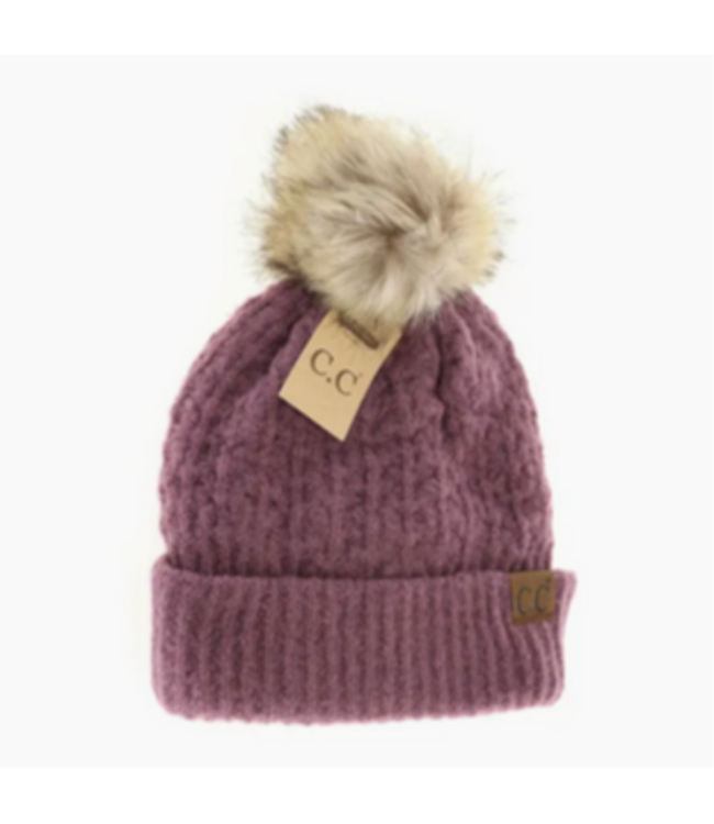 C.C Beanie Solid Smocked Stitch Fur Pom C.C Beanie