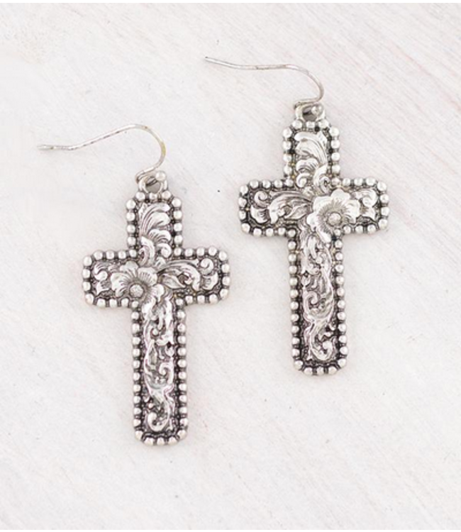 YK Trading Floral Tooling Cross Earrings