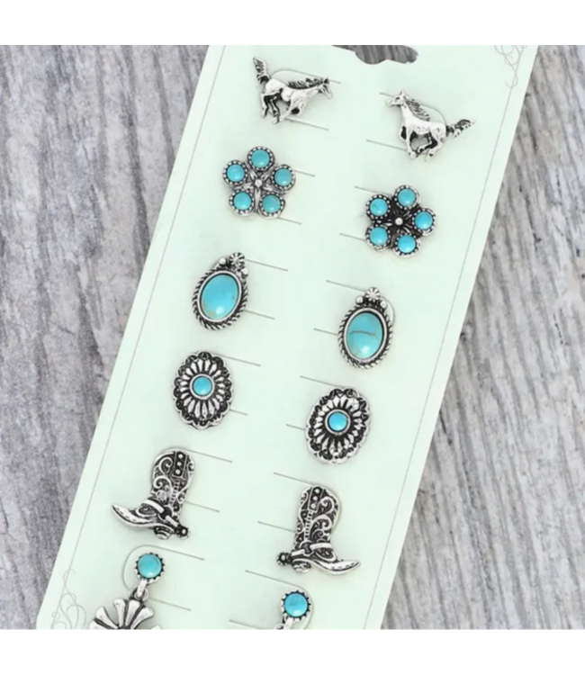 SP Sophia Collection Assorted 6-Pair Western Themed Turquoise Stud Earrings Set